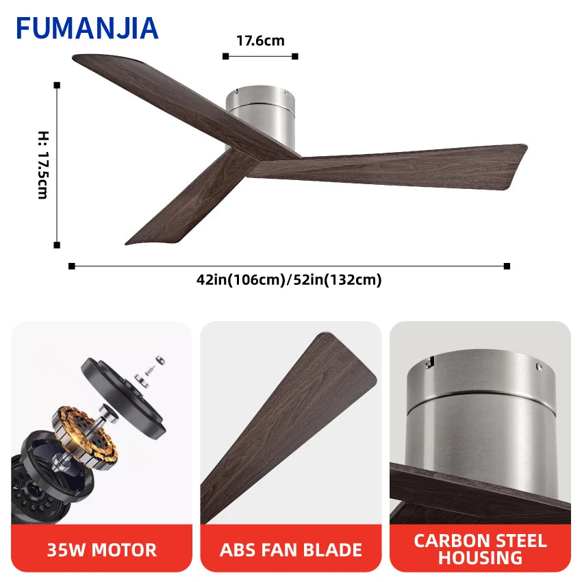 42/52" Ceiling Fan, Remote - 3 - Blade Retro - Style ABS, 6 - Speed Inverter Motor, No - Light Design, Quiet Operation for Home
