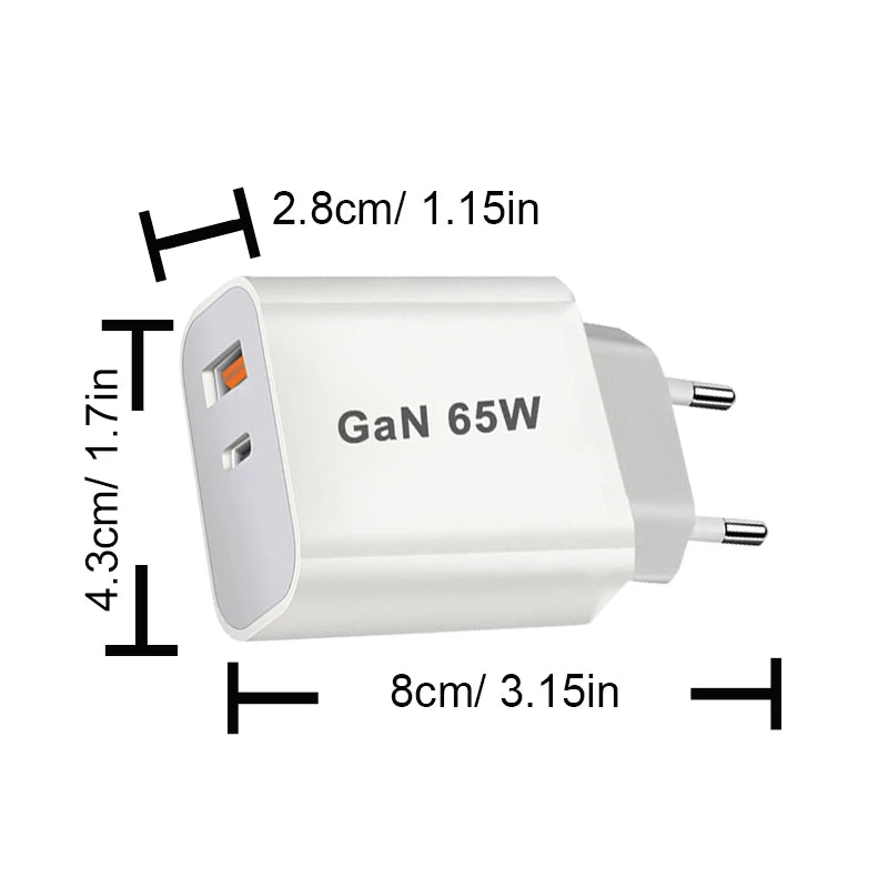 65W GaN USB-C Fast Charger - PD3.0 Quick Charger with Dual Ports for iPhone 15,Xiaomi,POCO,Samsung,Oneplus -Compact and Portable