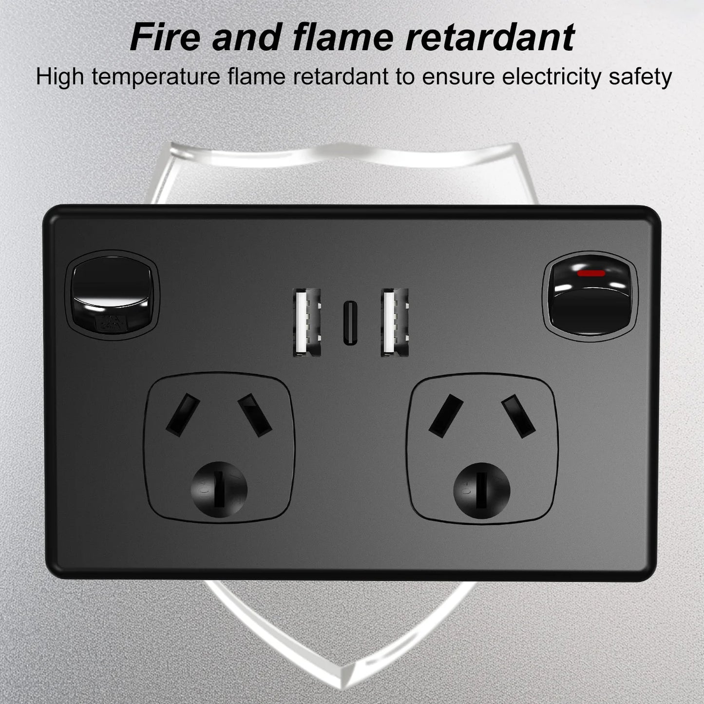 Australian Standard USB Wall Socket Dual Outlet with Type-C and Switch, AU Plug Adapter Mobile Phone Charging Power Socket 10A