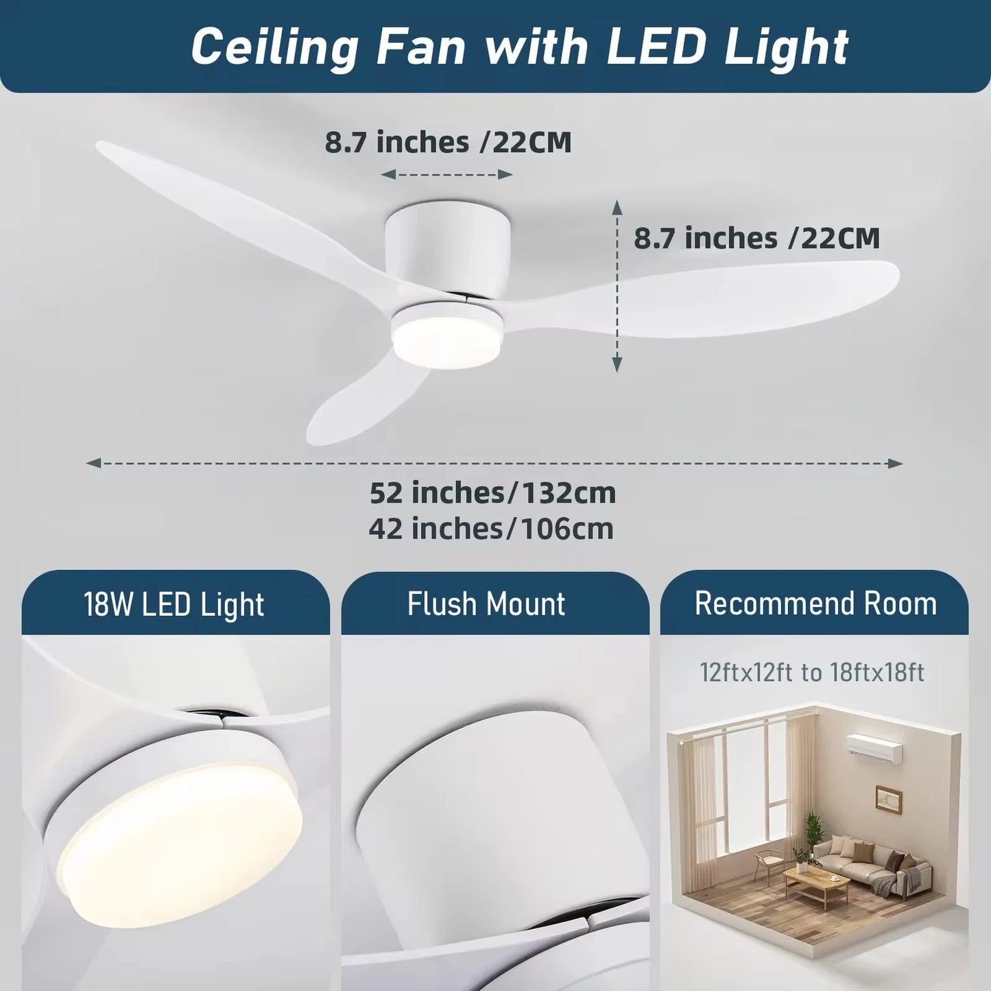 Modern Ceiling Fan with LED Light, DC Motor, Large Air Volume, Remote Control for Kitchen, Bedroom, Dining Room, Patio