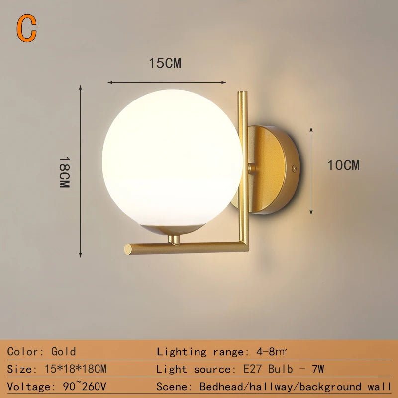 Nordic Home Decoration Lamp White Glass Ball Metal Wall Light 90-260V For Bedroom Corridor Mirror Leisure Area Bedhead Wall Lamp