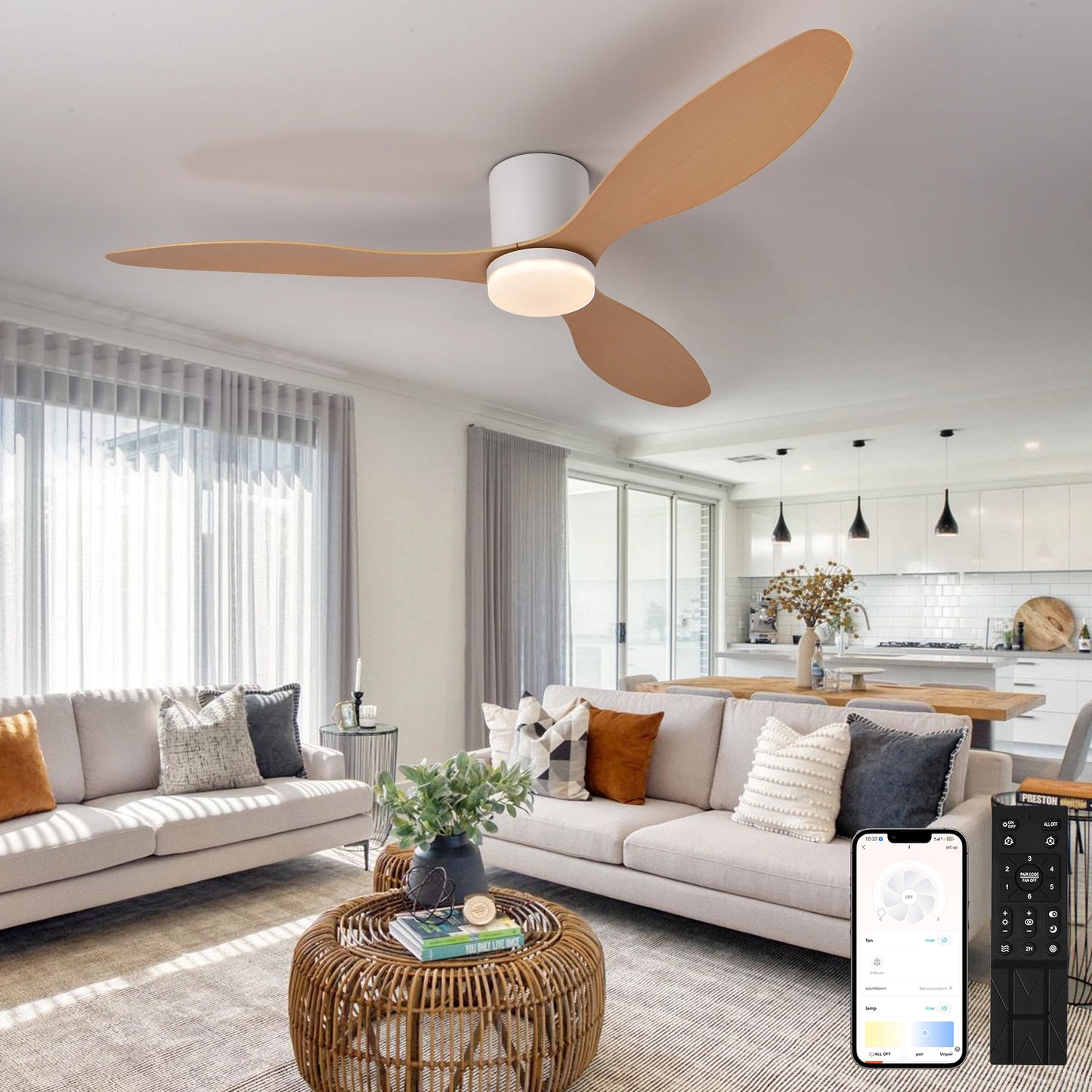 LED Pendant Light, Low floor DC Motor, Ceiling Fan With Remote Control,Terrace, High Wind Volume, No Light, Household Fan