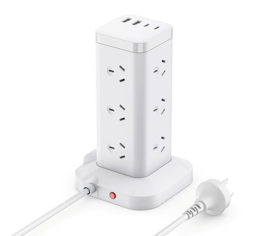12-ways Tower Power Socket Surge Protection with 2 USB-A 2 USB-C charging, 2m Extension Cord, AU Plug Outlet Power strip