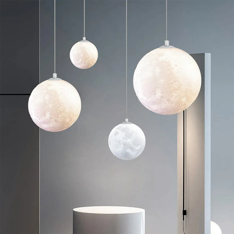 Modern Creative Design Moon Pendant Light Plastic Ball Shade Imitate Moon Surface Chandelier Restaurant Home Decor Hanging Lamps