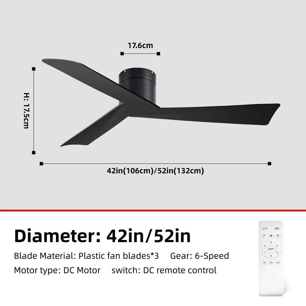 42/52" Ceiling Fan, Remote - 3 - Blade Retro - Style ABS, 6 - Speed Inverter Motor, No - Light Design, Quiet Operation for Home