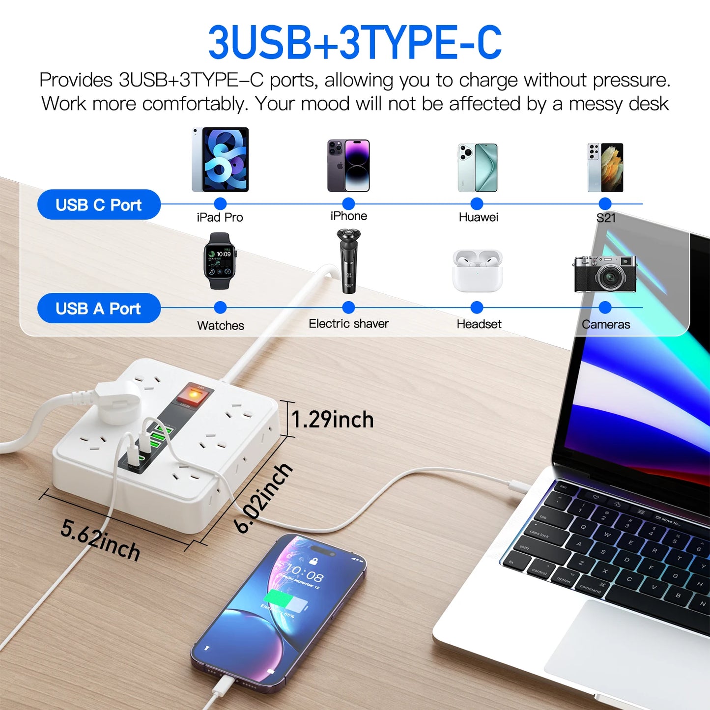 AU Plug Power board with 3 USB-A and 3 Type-C port,12AC Outlets, Surge Protector Power Strip, 2m cable Australia Socket