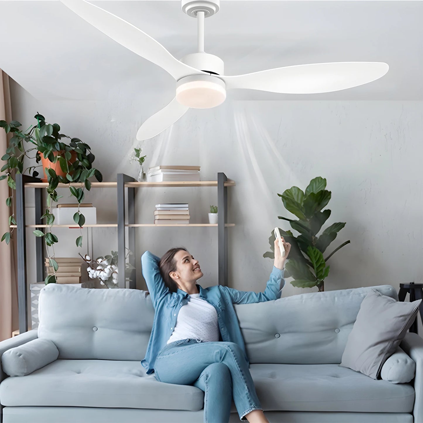 Large Ceiling Fan with Light Long Pole Three-leaf Smart App Remote Control Electric Fan 6-speed Silent Timing Ceiling Fans