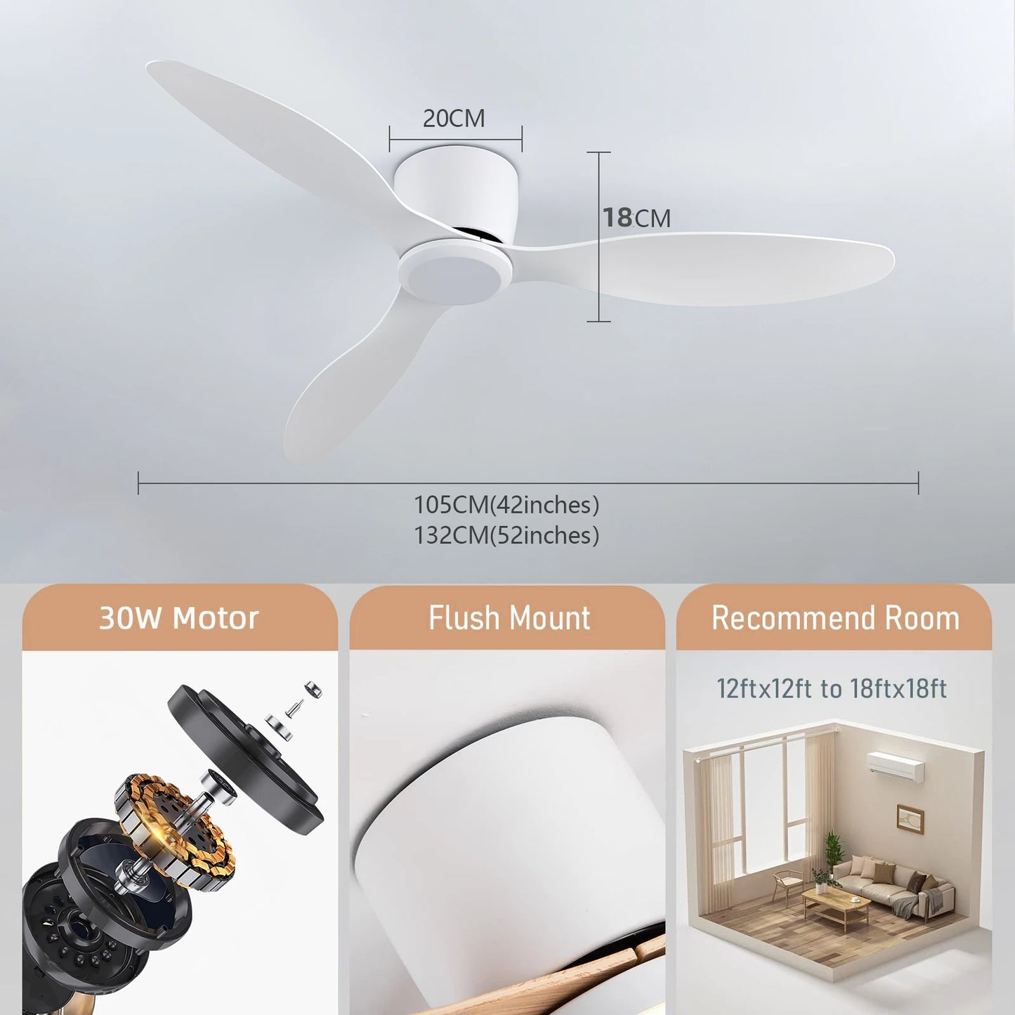 Simple Large Electric fan Remote Control APP dimmable Ceiling Fan No lights Indoor home decoration fan Bedroom Living room fans