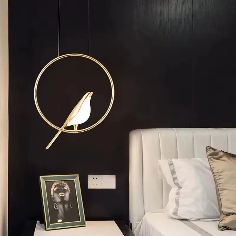 Modern Hotel Living Room Bird Ring Pendant Light Alloy Plating Body Aluminum Gold Ring Rotatable Hanging Lamp Bar Dining Lustres
