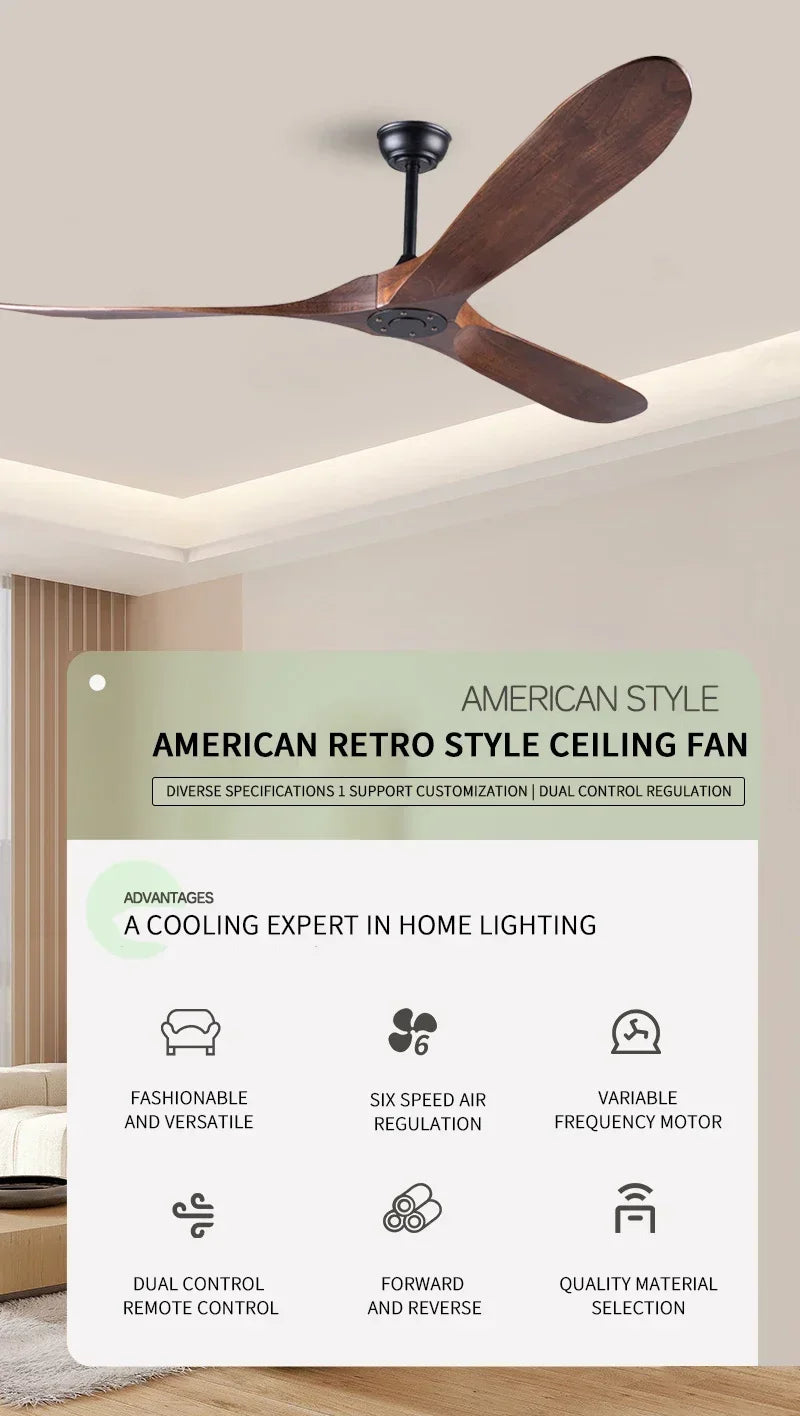 Modern Solid Wood Retro High Air Volume Ceiling Fan with Remote Control Without Lights Living Room and Dining Room Pendant Light