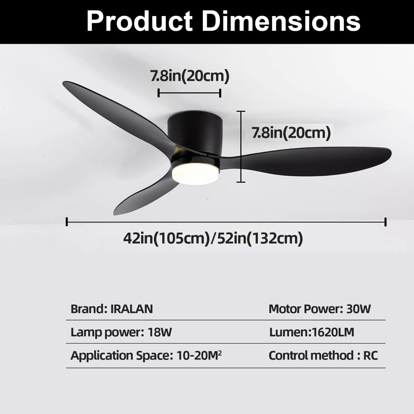 IRALAN Low Floor 52inch Ceiling Fan Modern Bedroom LED Fan Light Dining Living Room Ceiling Lamp Fan  Household Electric Fan