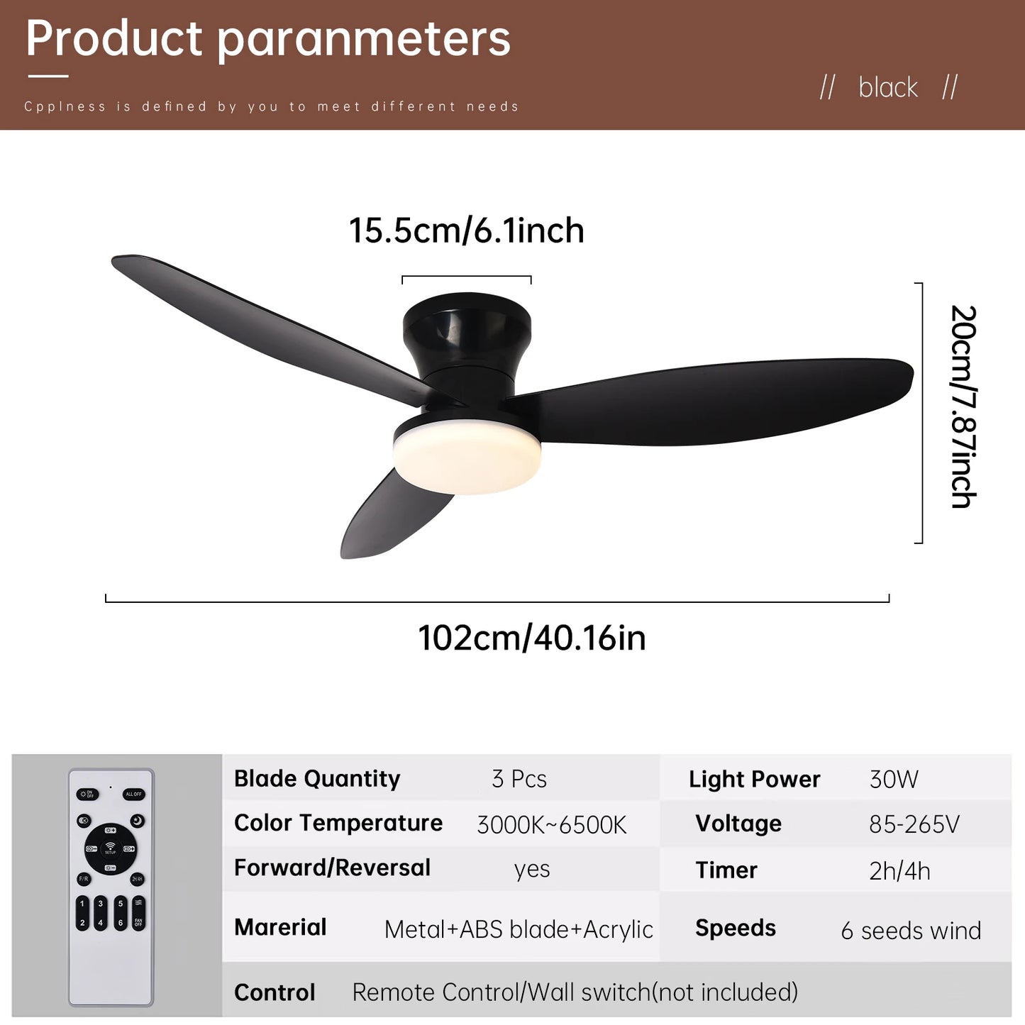 Ceiling Fan with Light 3 Colors, 6 Speeds, Timing, Ceiling Fan with Remote Control 3 Blades for Kitchen Bedroom Dining Room