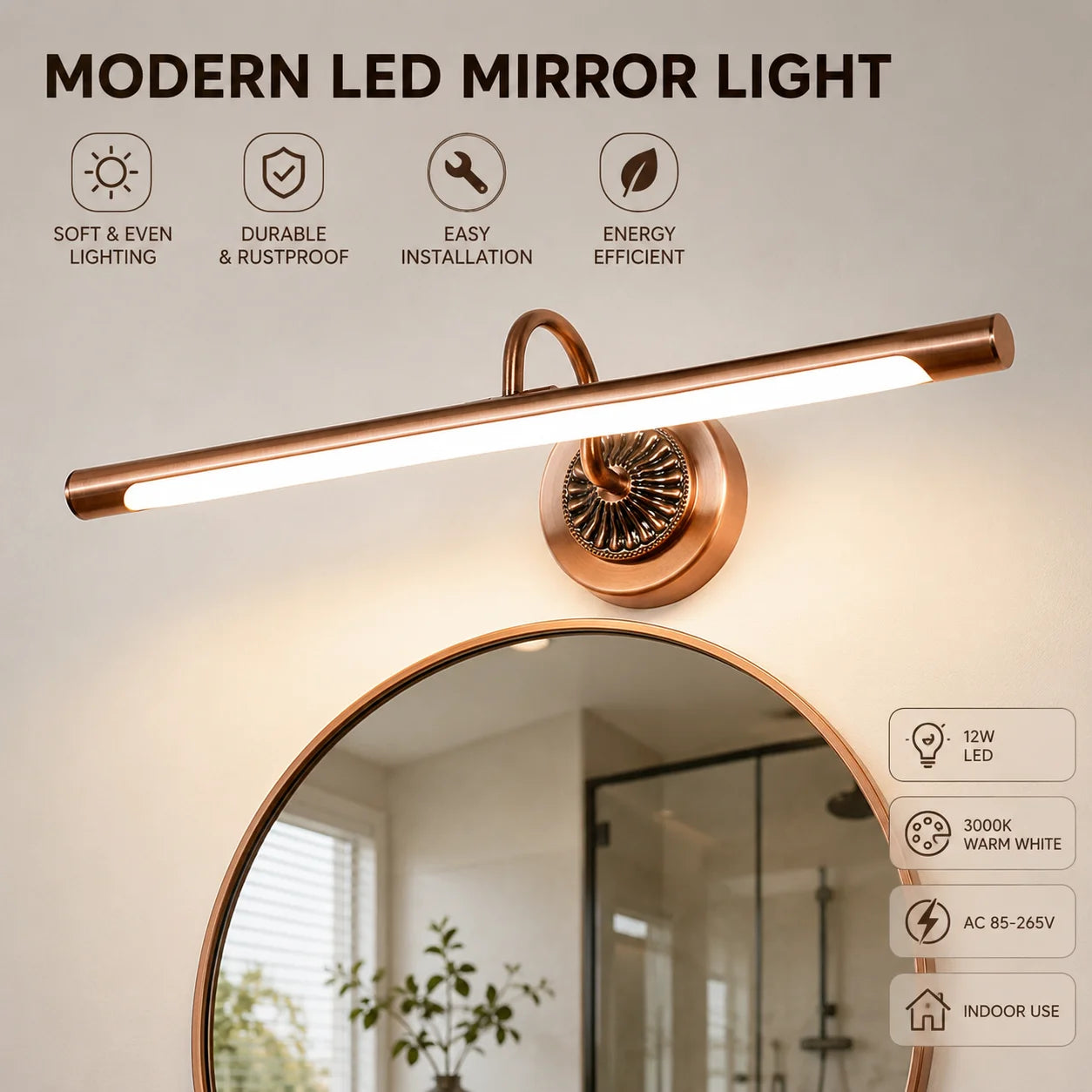 45.5CM 8W LED Bathroom Vanity Light Modern Antique Brass Mirror Wall Lamp for Bathroom Bedroom Living Room