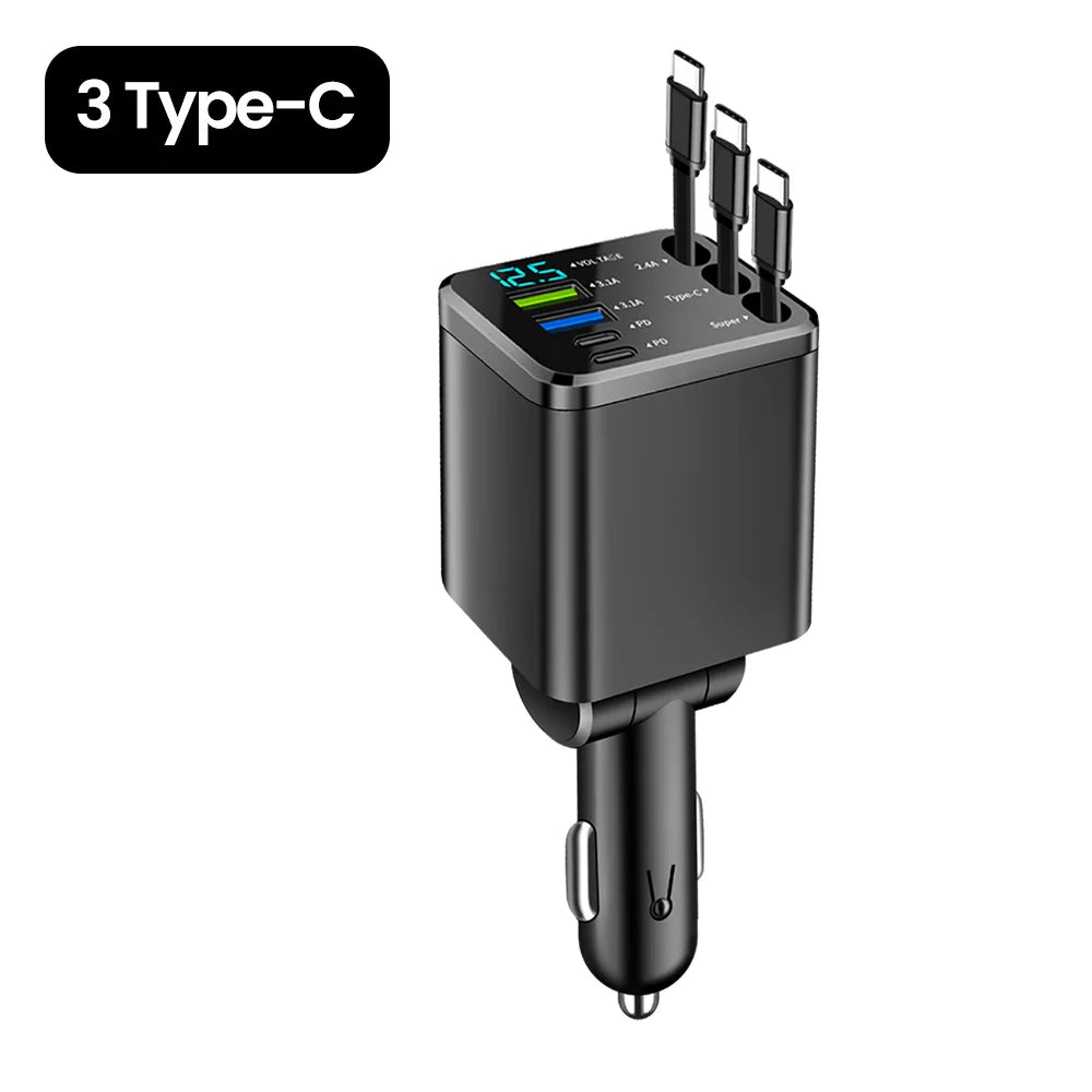 7 in 1 Car Charger Retractable 3 Type C Ports USB Car Charger Fast Charging For IPhone  12 15 16 Samsung USB C to ios Cable