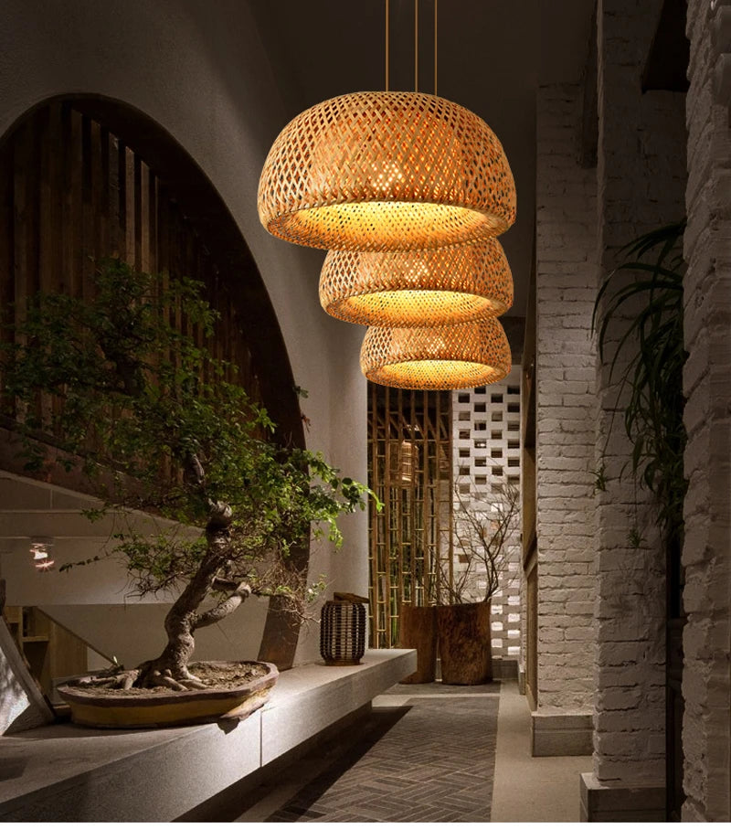 Hand Knitted Chinese Style Weaving Hanging Lamps 18/19/30cm Restaurant Home Decor Lighting Fixtures Bamboo Pendant Lamp