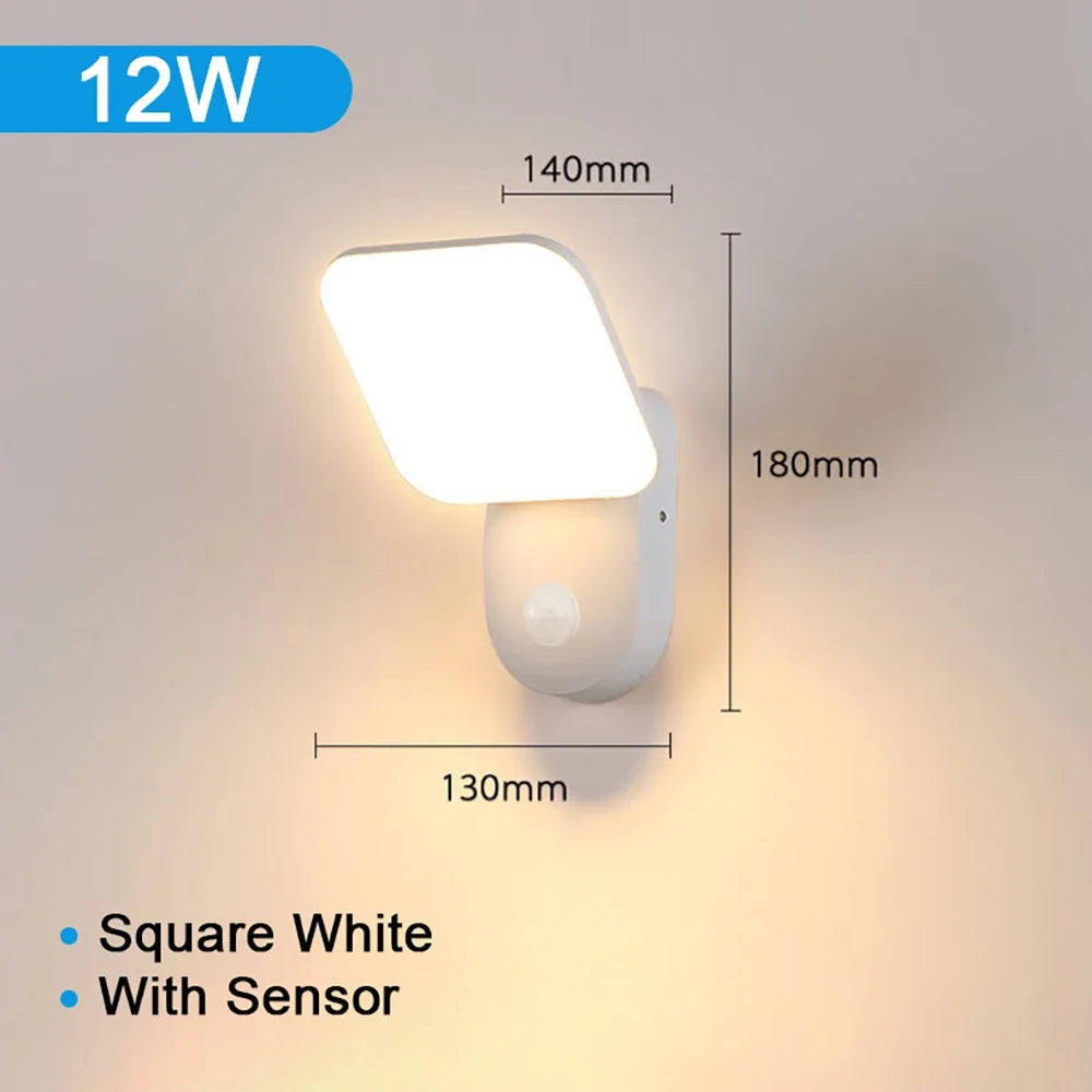 PIR Motion Sensor LED Outdoor Wall Lamp 12W IP65 Waterproof Aluminum Garden Porch Light Corridor Entrance Sconce Indoor Fixture