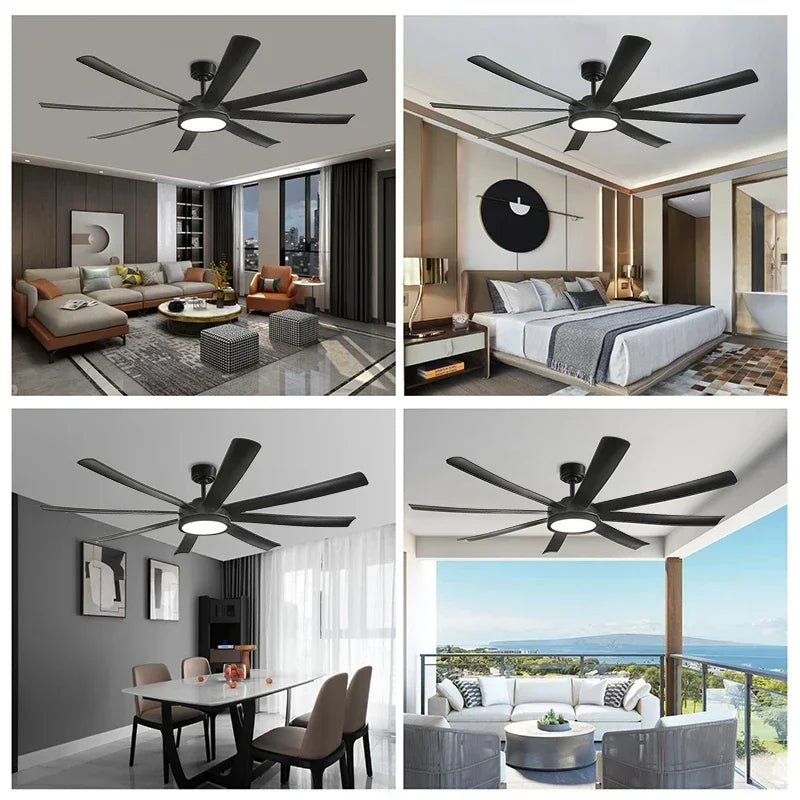 72 inch Large Diameter Black Ceiling Fan, DC Motor Remote Control, 6-speed Reversible, Living Room, Rerrace Pendant Light