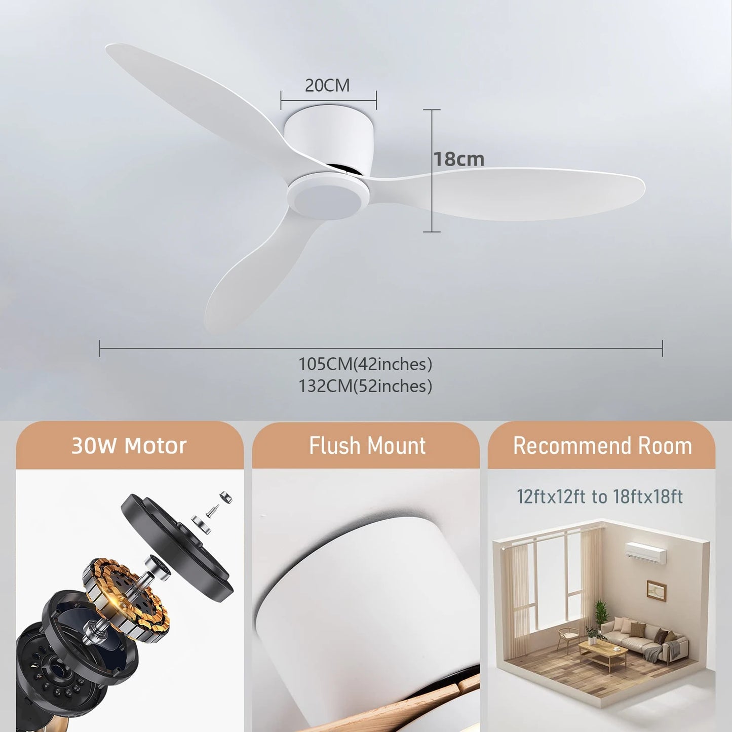 IRALAN 42inch/52inch Ceiling Fan without Light,6-Speed Reversible, Timer, Outdoor Bedroom Living Room-White/Black/Wood