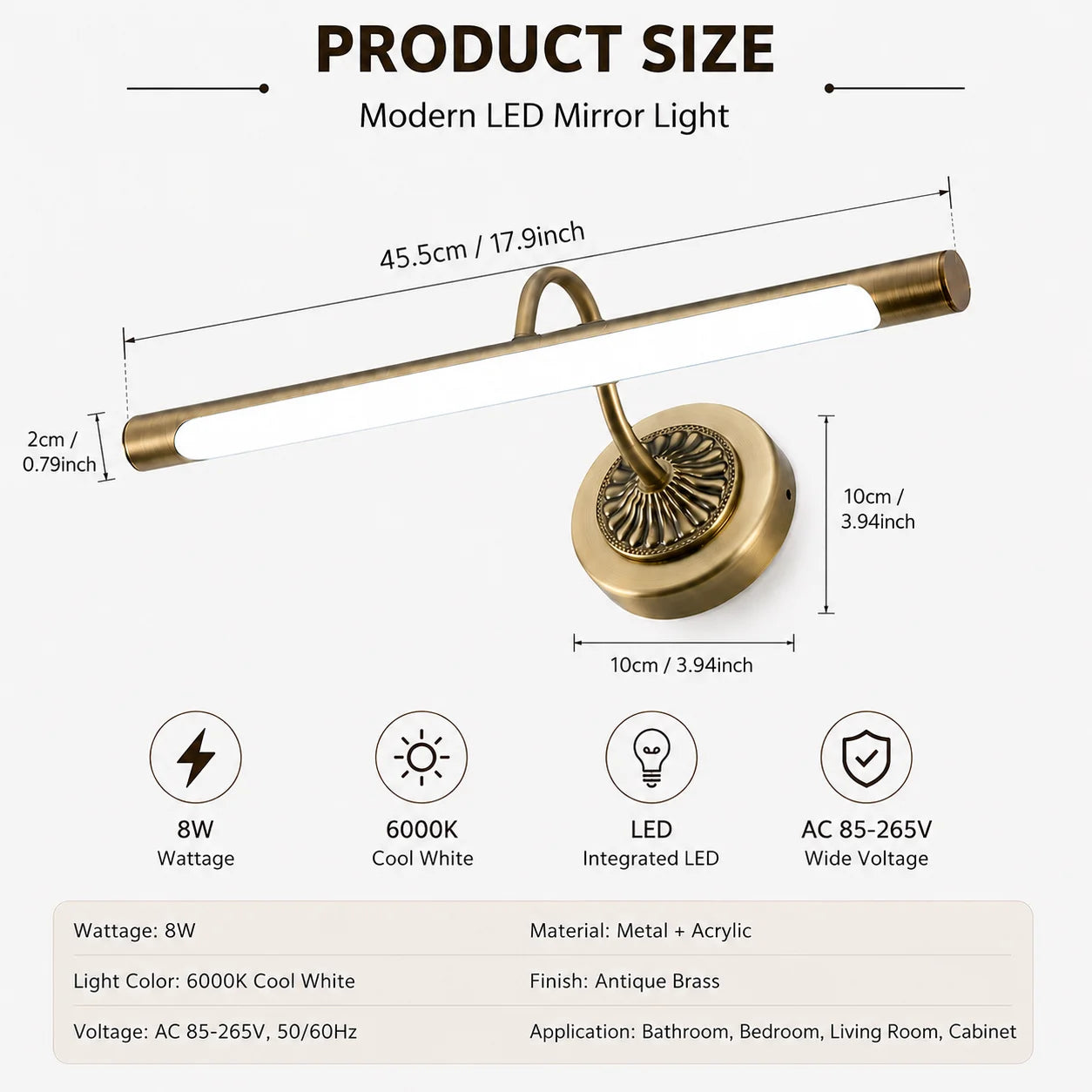 45.5CM 8W LED Bathroom Vanity Light Modern Antique Brass Mirror Wall Lamp for Bathroom Bedroom Living Room