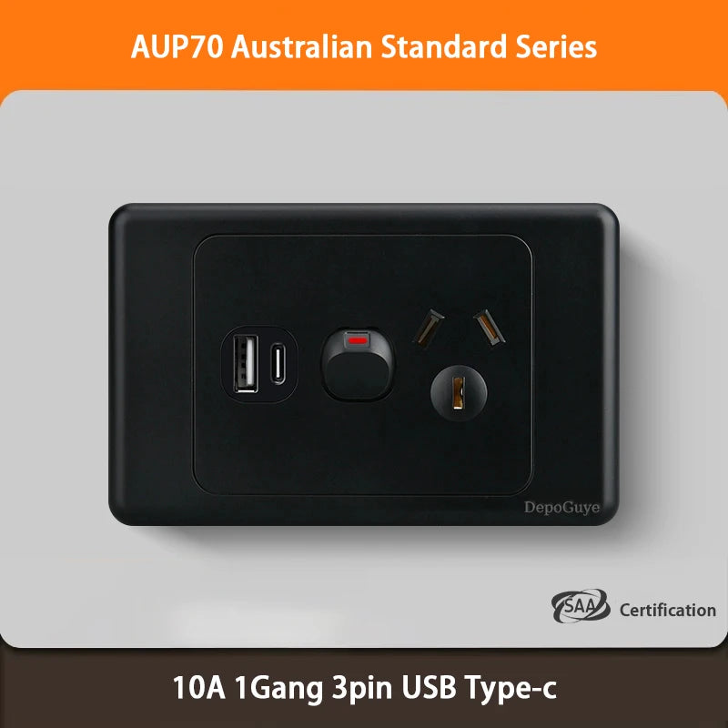 Black Australian Standard USB C Wall Dual Socket with 1/2/3Gang Switch,AU Plug Adapter Mobile Phone Charging Power 10A Outlet