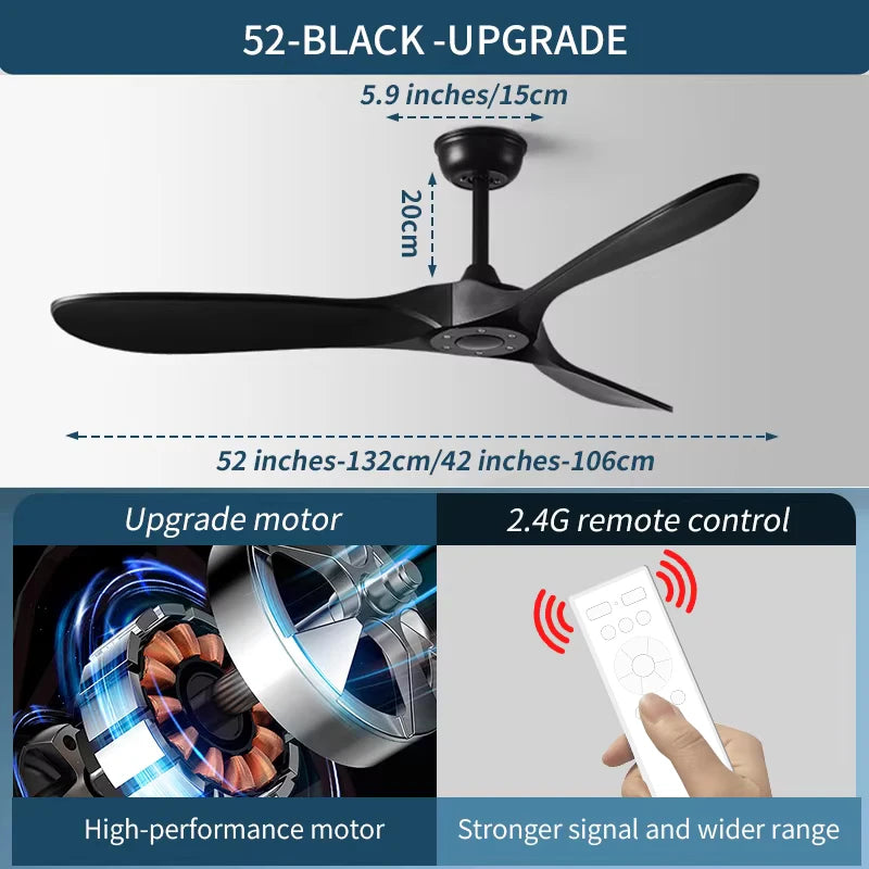 42/52 Inch Nordic LED Ceiling Light Restaurant Living Room Home Remote Control DC Silent Industrial Retro Electric Fan