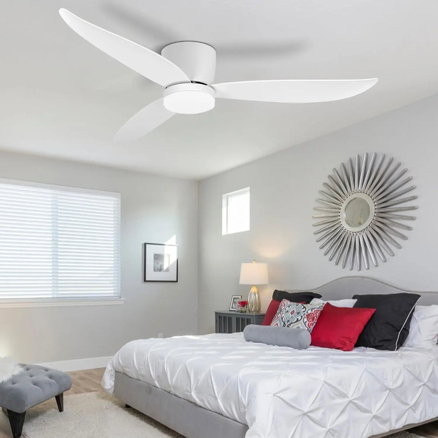 White 52 Inch Ceiling Fan Silent with Light Remote Control, Equipped with Reversible DC Motor, Bedroom and Living Room, Timer