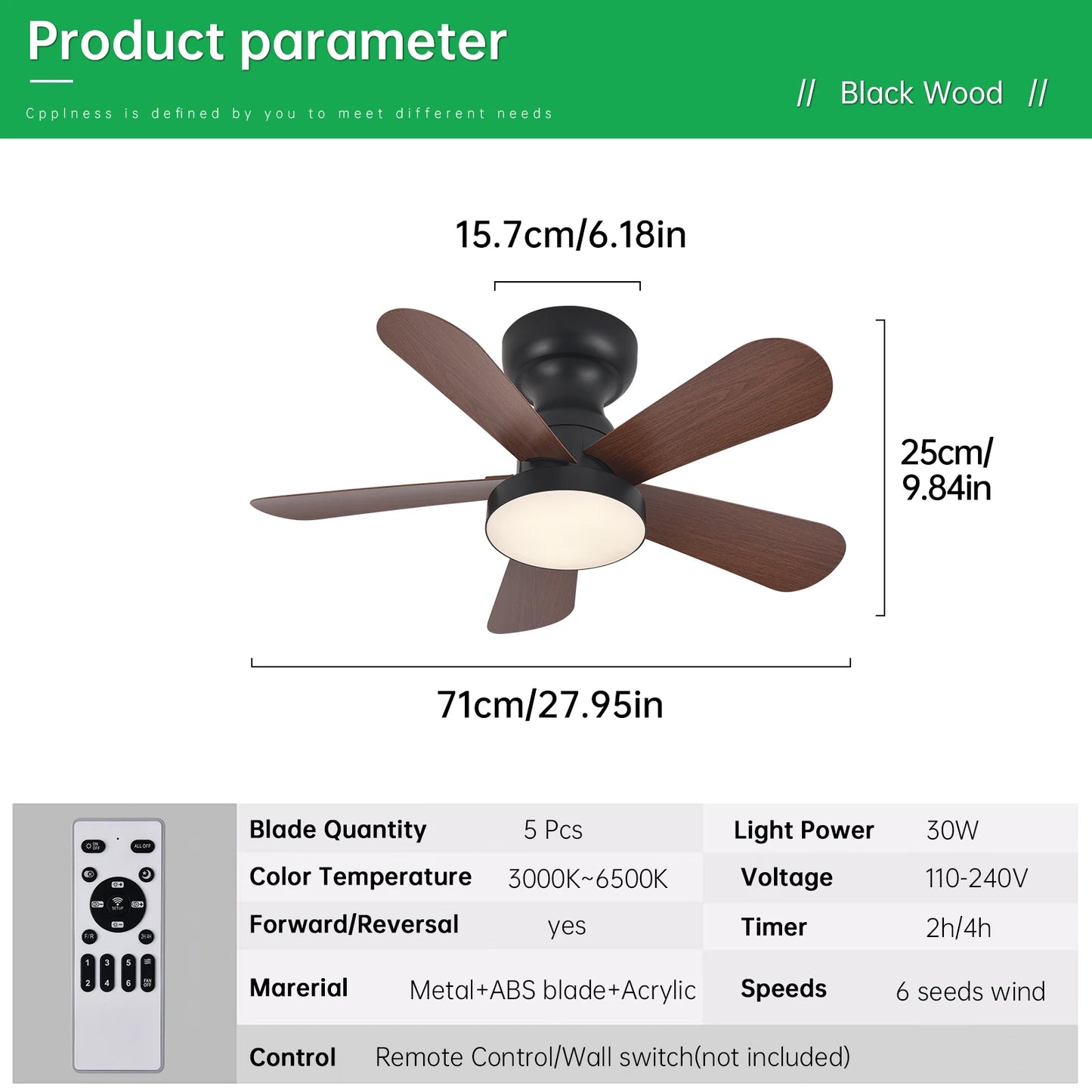 Indoor/Outdoor Flush Mount Ceiling Fan with Remote Control - 5 Blade Low Profile Fandelier - Reversible Quiet Timer