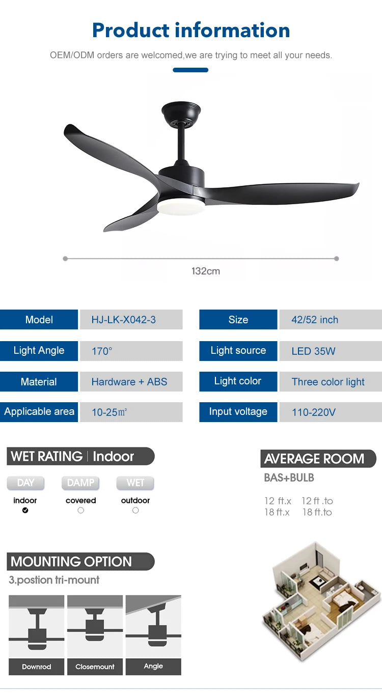 Modern Simple 42 /52 Inch Pure Copper DC Motor Remote Control ABS Blade Led Ceiling Fan With Light Restaurant Fan