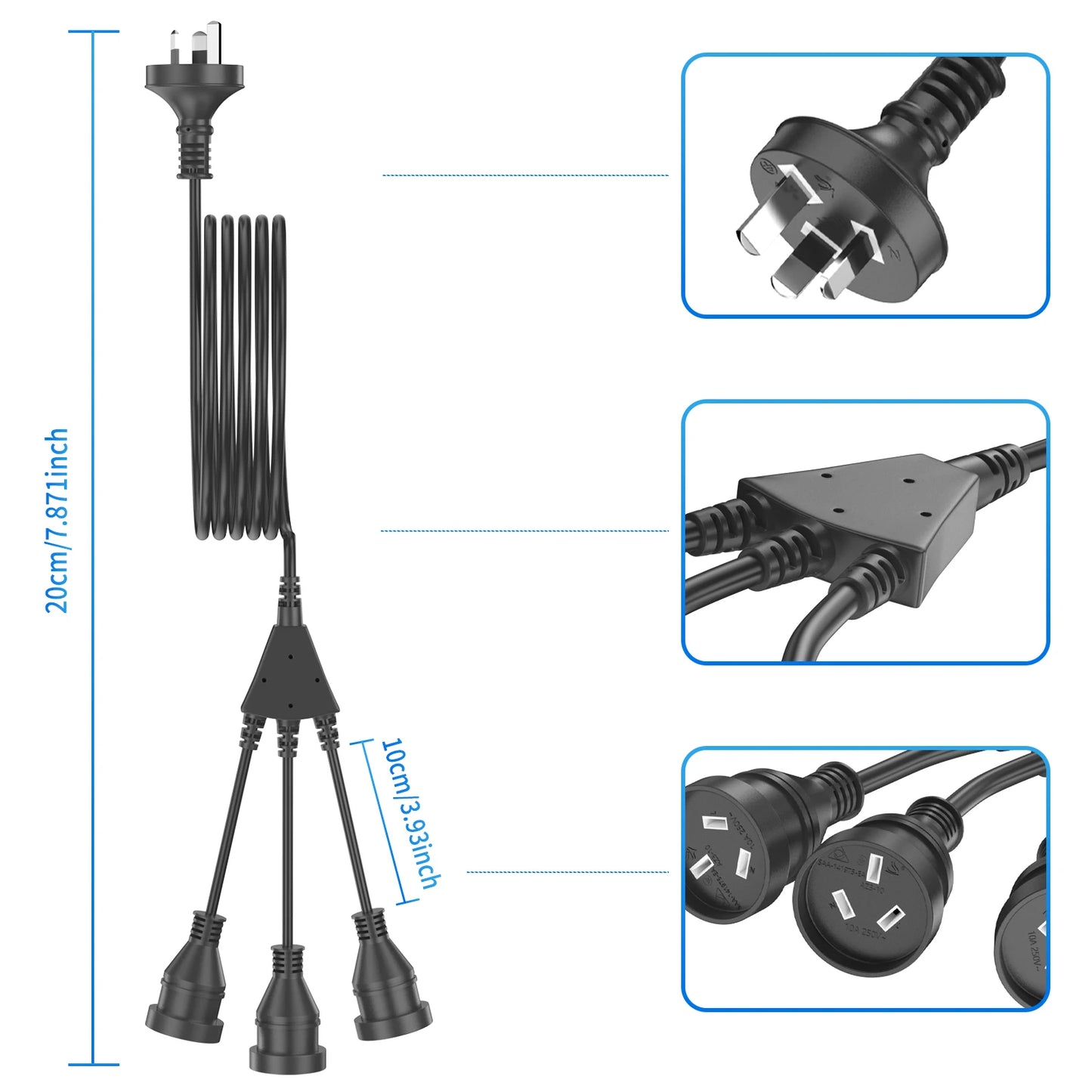 1 to 3 ways power extension cord, 2/3meters AU Plug Power cable with 3 outlets  for Home Office