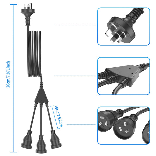 1 to 3 ways power extension cord, 2/3meters AU Plug Power cable with 3 outlets  for Home Office