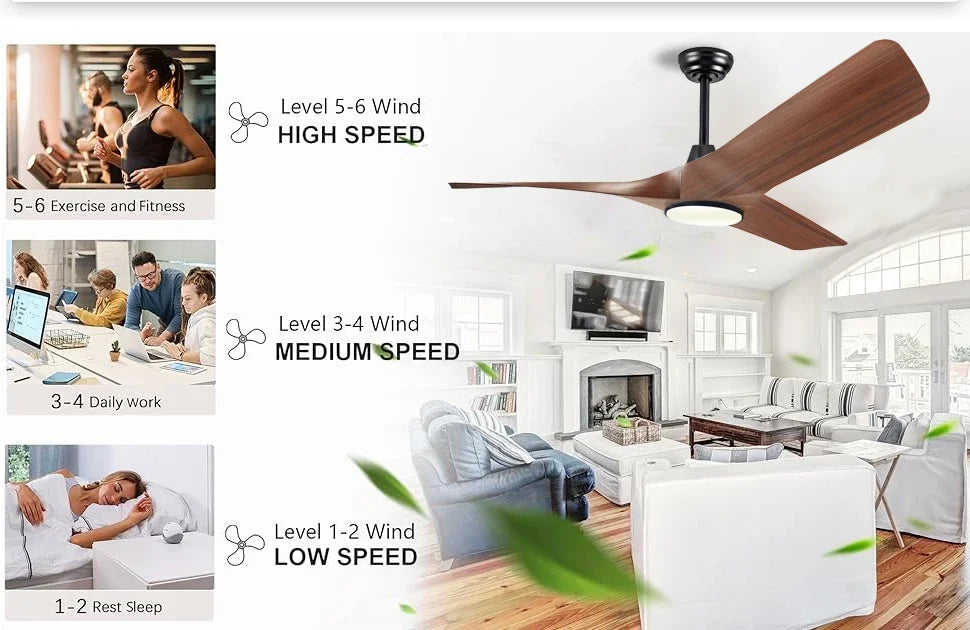 52 Inch Walnut Ceiling Fan, Remote Control with Adjustable Lights, 3 Fan Blades Reversible DC Motor Ceiling Fan, Decorative Fan