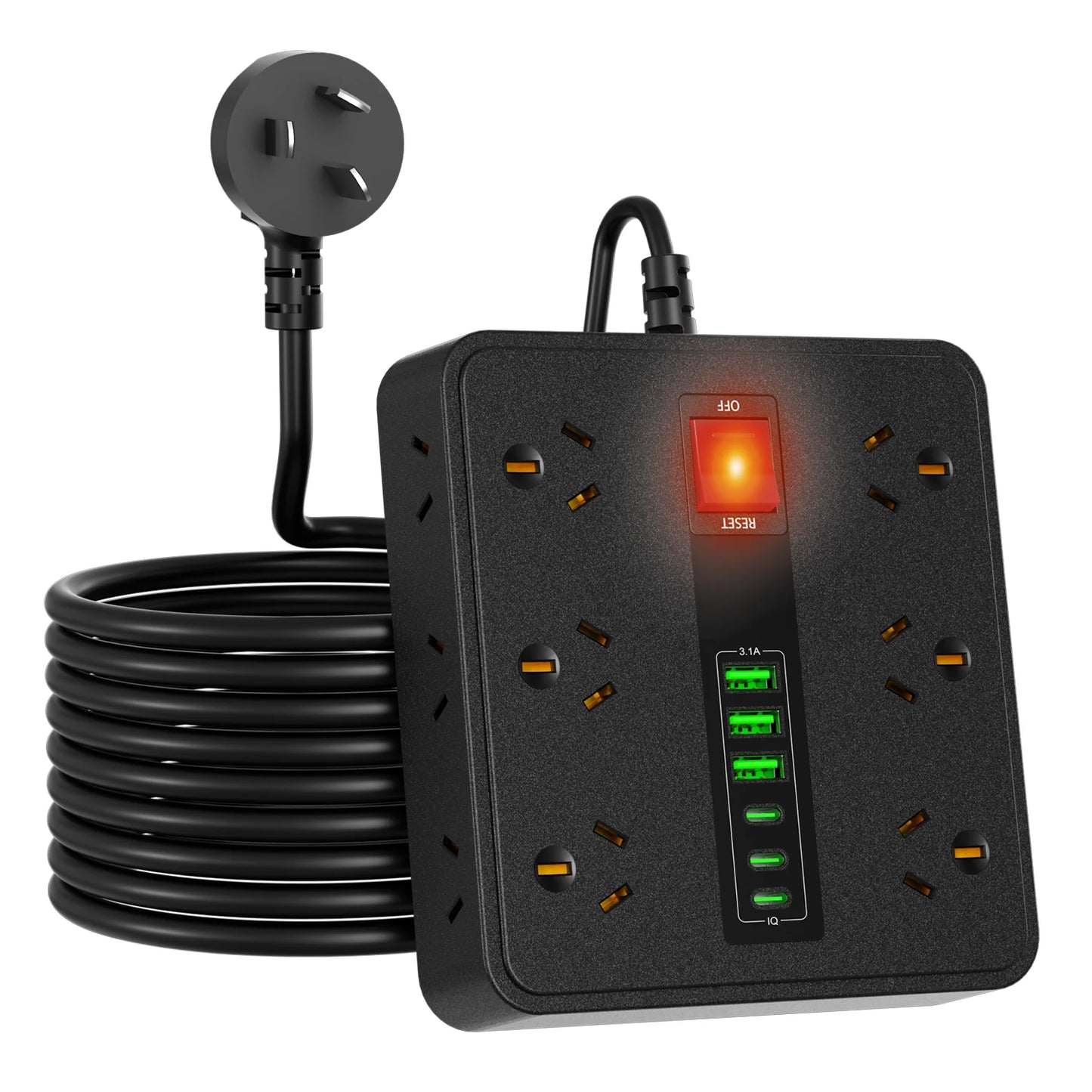 Australian plug power board 6/12 power sockets 6 USB (3A+3C) smart charging overload protection switch 1.8M extension cable