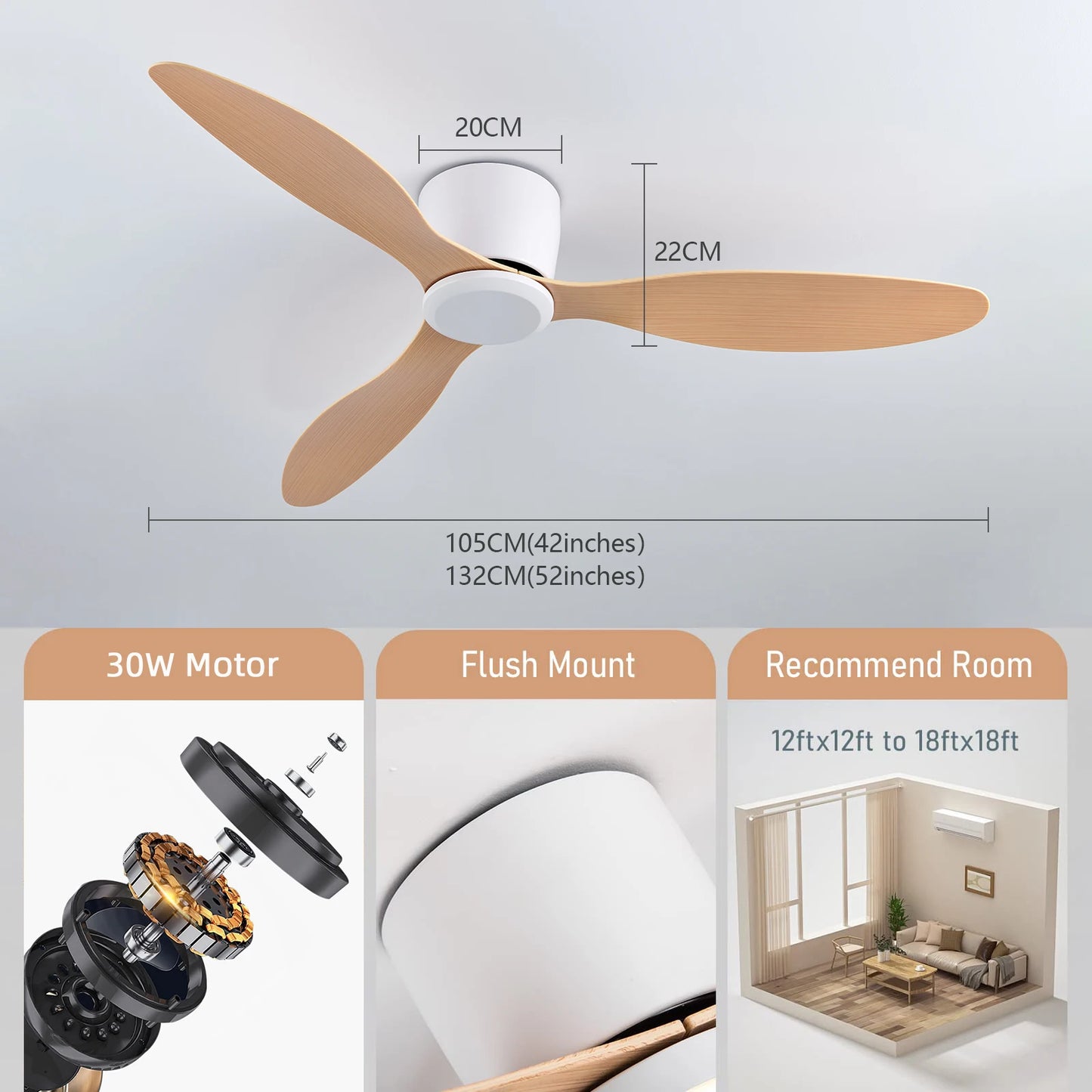 Modern Ceiling Fans with Remote 42/52 Inch Ceiling Fan No light with Quiet Reversible DC Motor  for Patio Living Room Bedroom