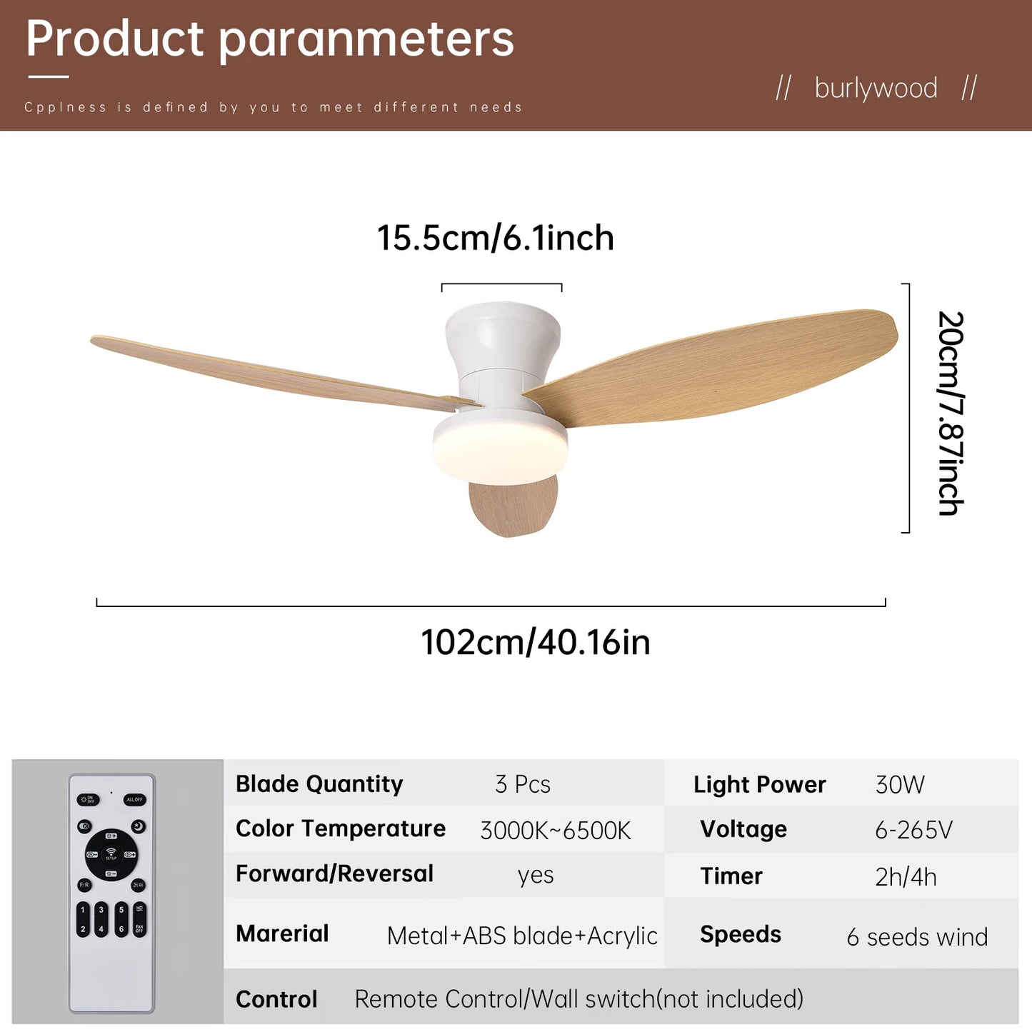 Ceiling Fan with Light 3 Colors, 6 Speeds, Timing, Ceiling Fan with Remote Control 3 Blades for Kitchen Bedroom Dining Room