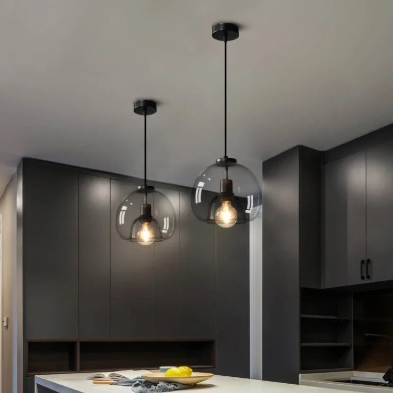 Glass Led Ceiling Chandelier E27 Black Pendant Lamp For Living Room Dining Table Kitchen Bedroom Modern Gray Art Hanging Light