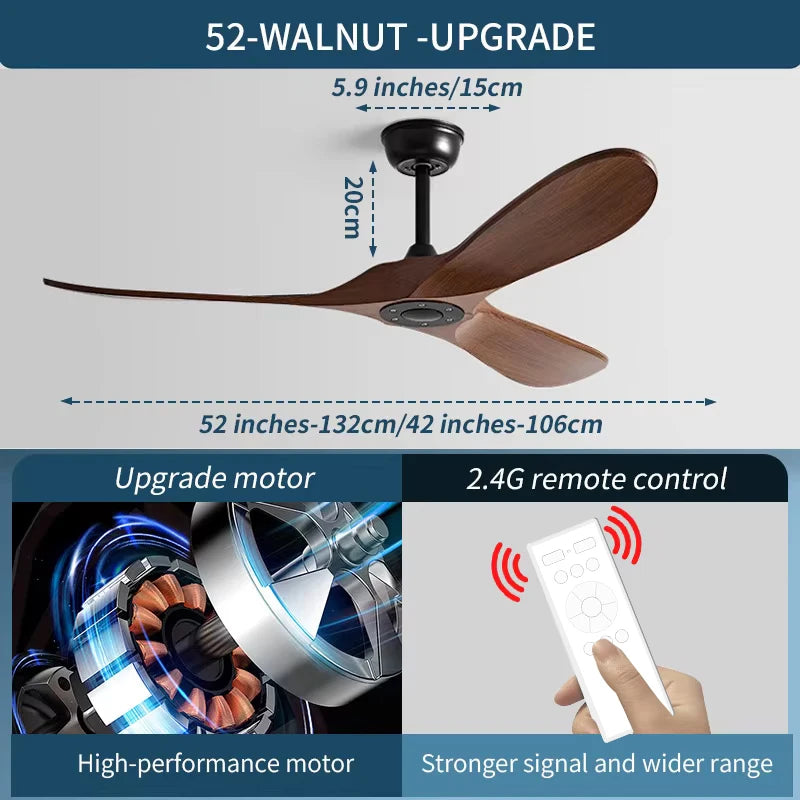 42/52 Inch Nordic LED Ceiling Light Restaurant Living Room Home Remote Control DC Silent Industrial Retro Electric Fan