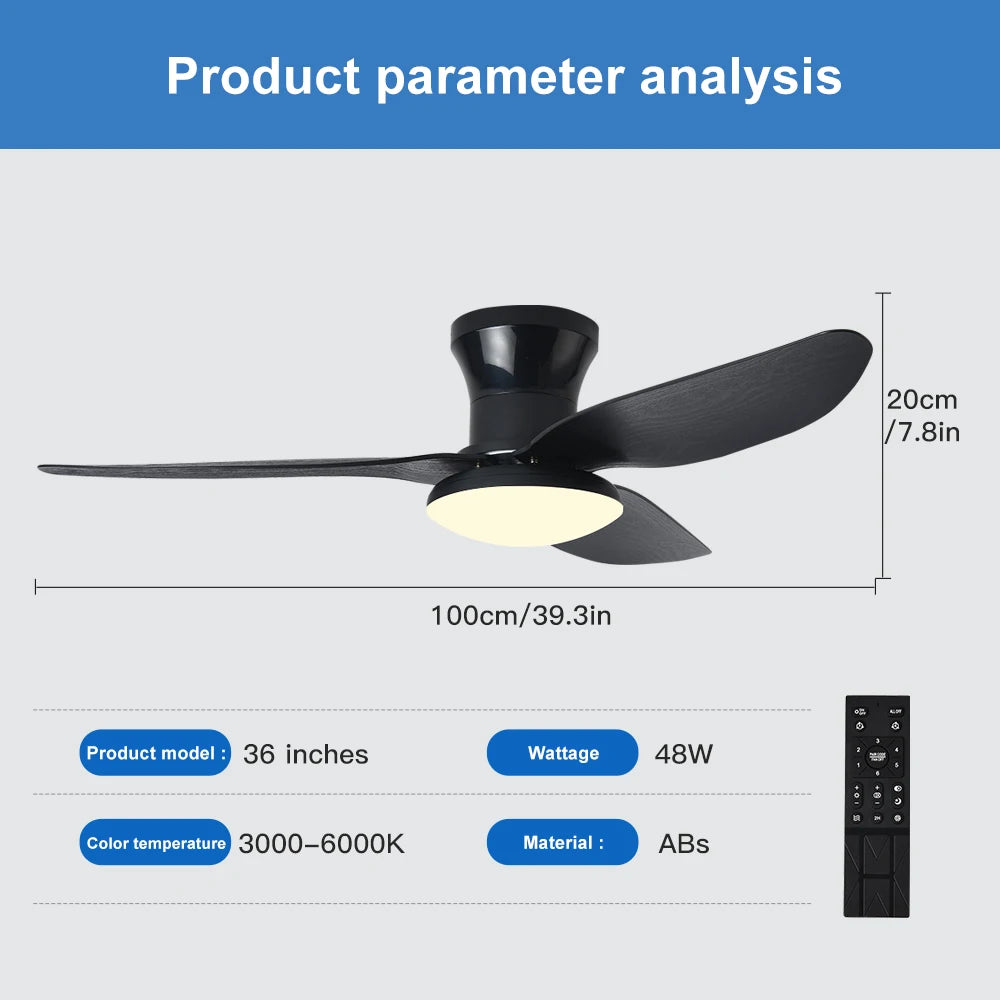 40inch Smart Bedroom LED Ceiling Fans Lights with Remote Control 6 Speeds Wind 3 Blades Dimmable Indoor Ceiling Fan Black White