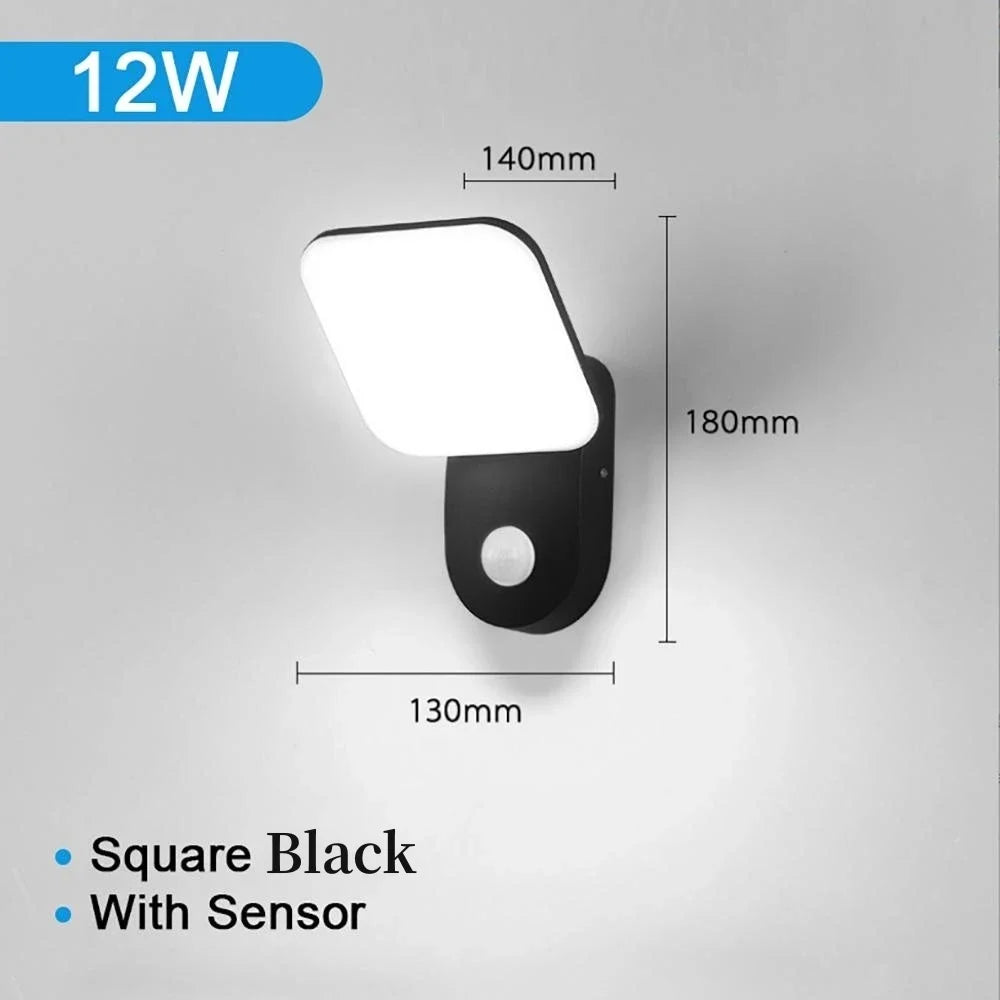 PIR Motion Sensor LED Outdoor Wall Lamp 12W IP65 Waterproof Aluminum Garden Porch Light Corridor Entrance Sconce Indoor Fixture