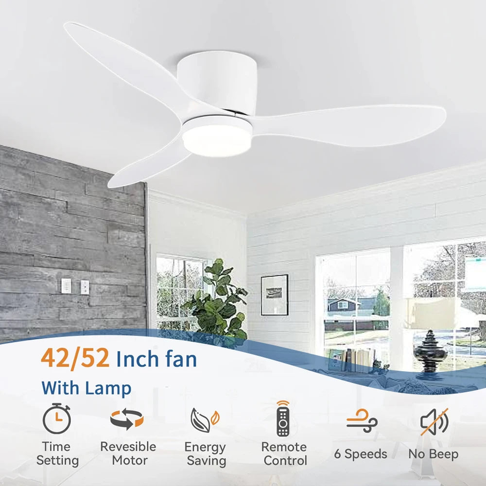 42Inch Low Profile Mount Ceiling Fan Light with 3 Colors, 6 Speeds, Timing, Ceiling Fan with Remote Control  Bedroom Dining Room