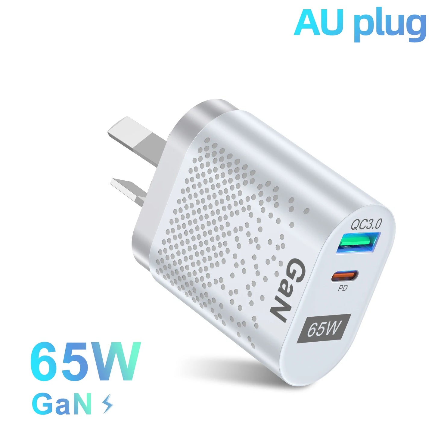 65W Gan Charger for Australia New Zealand AU Plug PD 33W Fast Charger QC 3.0 USB Adapter for iPhone 15 14 13 Pro Max