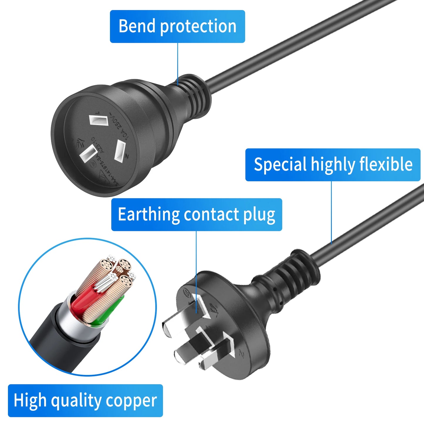 1 to 3 ways power extension cord, 2/3meters AU Plug Power cable with 3 outlets  for Home Office