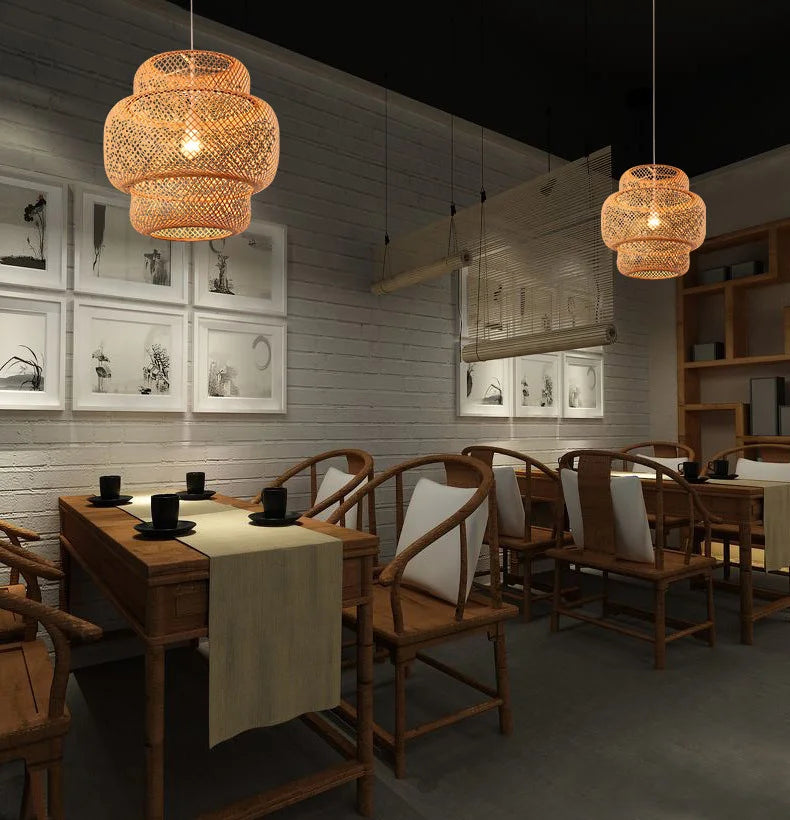 Hand Knitted Chinese Style Weaving Hanging Lamps 18/19/30cm Restaurant Home Decor Lighting Fixtures Bamboo Pendant Lamp