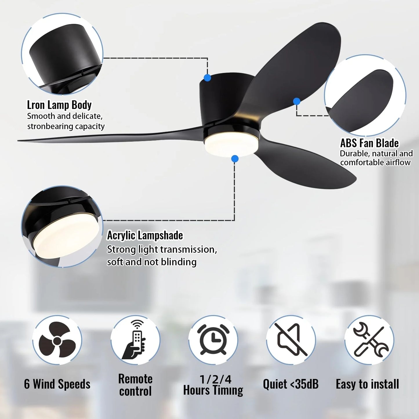Energy Efficient Ceiling Fan Lamp Remote Control 6 Speed Levels LED 3-color Light Office Home Modern 52" Ceiling Fan with Light