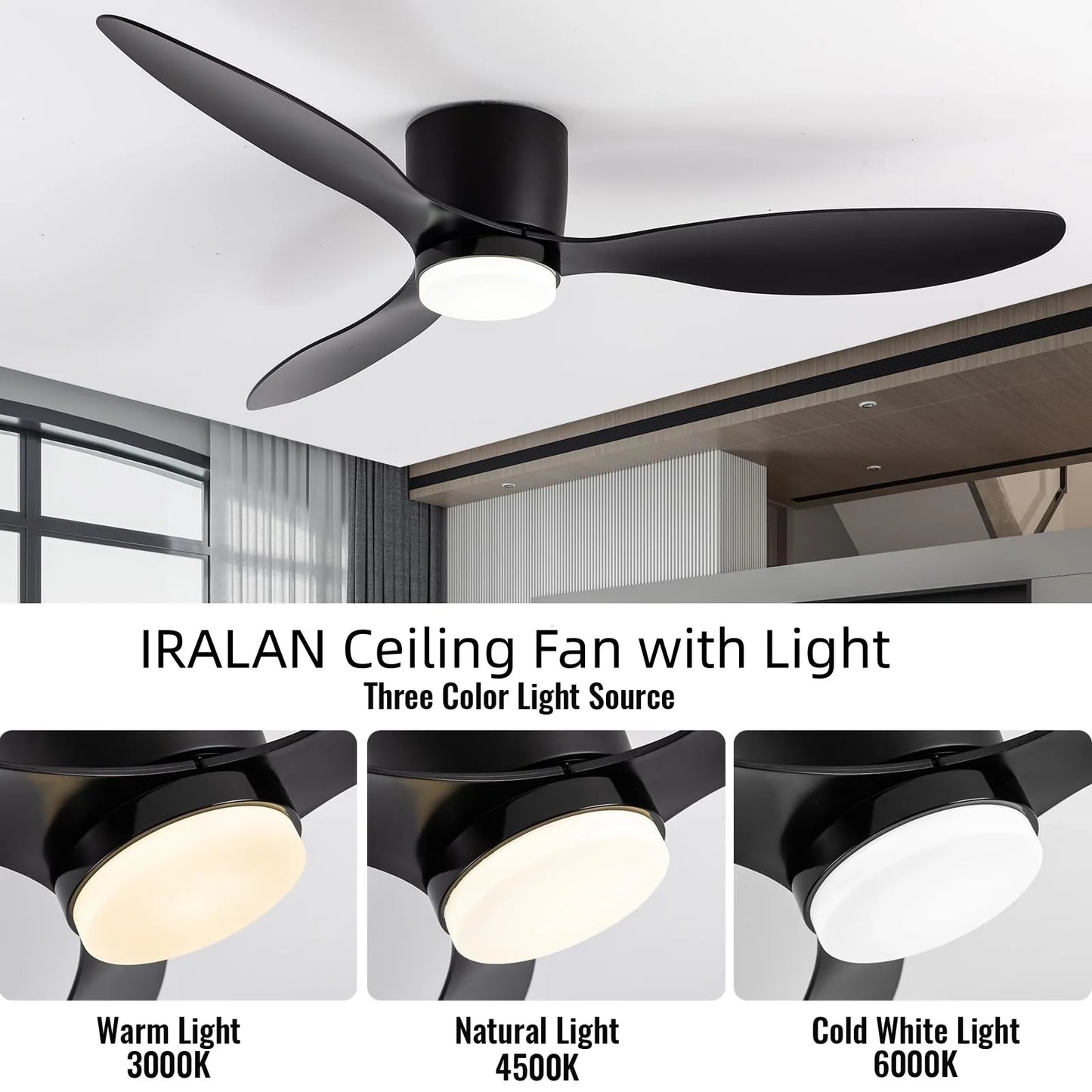 Energy Efficient Ceiling Fan Lamp Remote Control 6 Speed Levels LED 3-color Light Office Home Modern 52" Ceiling Fan with Light