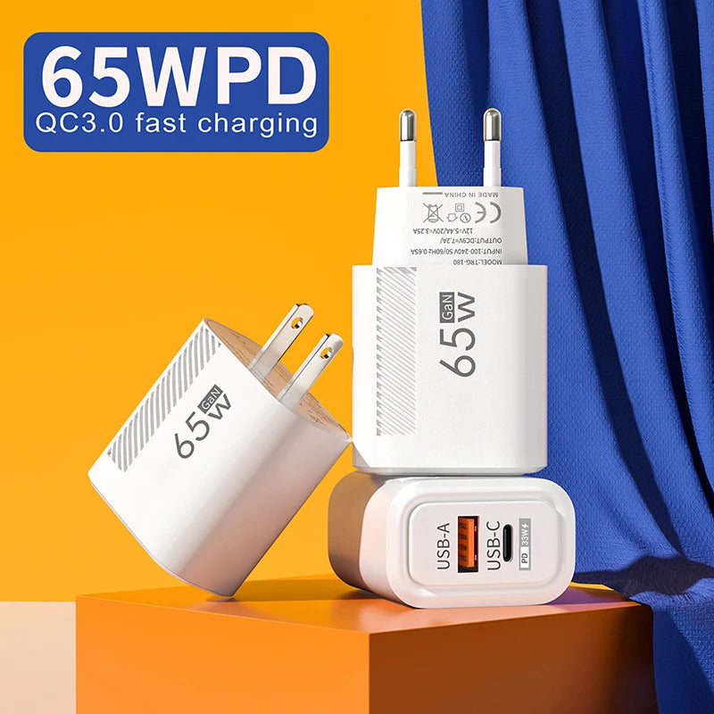 65W GaN Fast Charging USB Type C Charger US EU Plug PD 3.0 Quick Charge Travel Wall Charger For Phone Adapter For iPhone Samsung