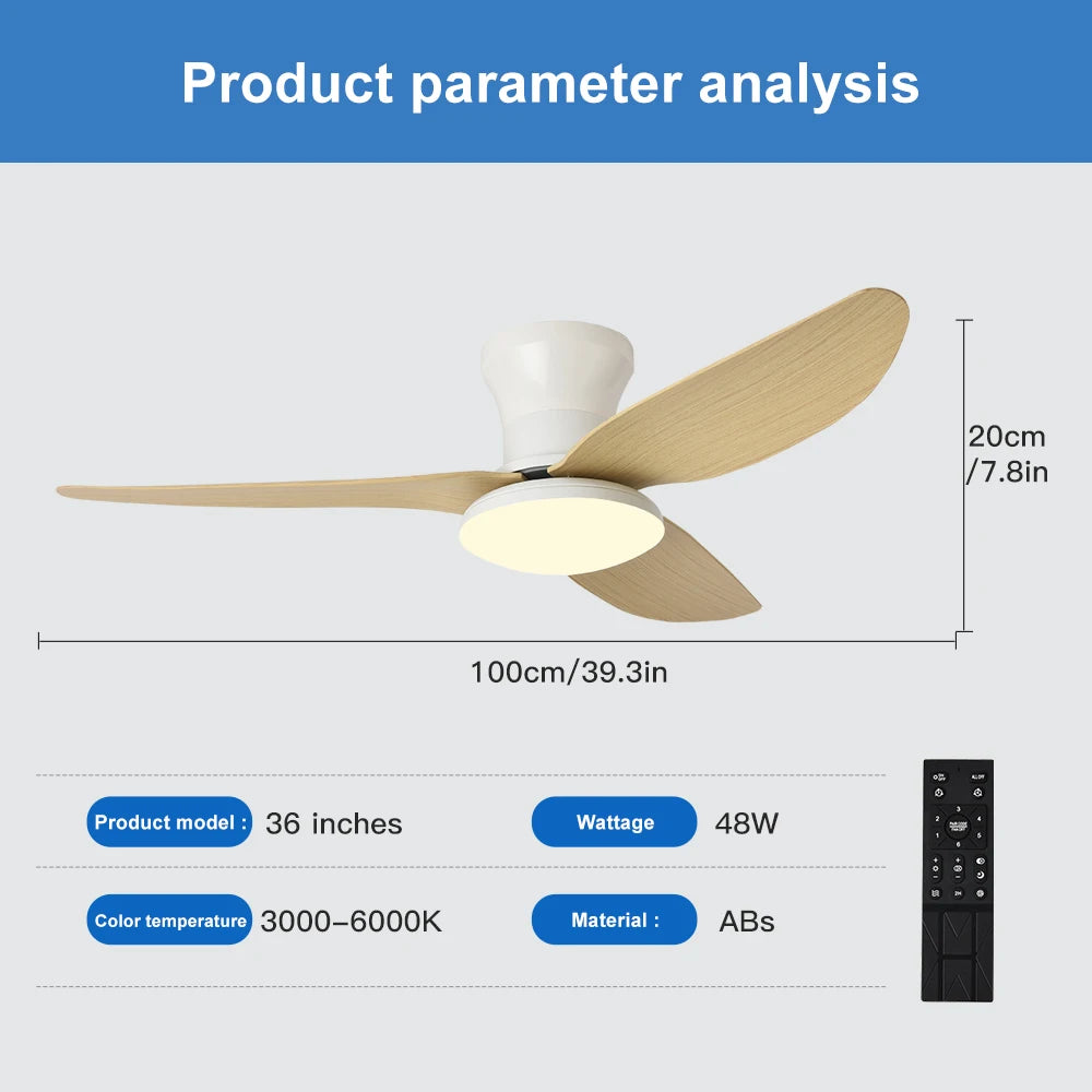 40inch Smart Bedroom LED Ceiling Fans Lights with Remote Control 6 Speeds Wind 3 Blades Dimmable Indoor Ceiling Fan Black White