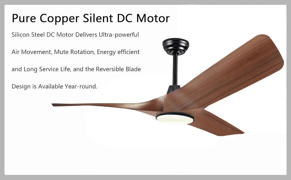 52 Inch Walnut Ceiling Fan, Remote Control with Adjustable Lights, 3 Fan Blades Reversible DC Motor Ceiling Fan, Decorative Fan