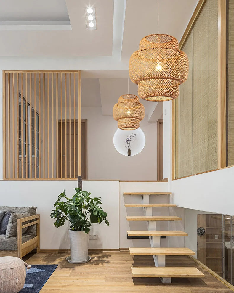 Hand Knitted Chinese Style Weaving Hanging Lamps 18/19/30cm Restaurant Home Decor Lighting Fixtures Bamboo Pendant Lamp