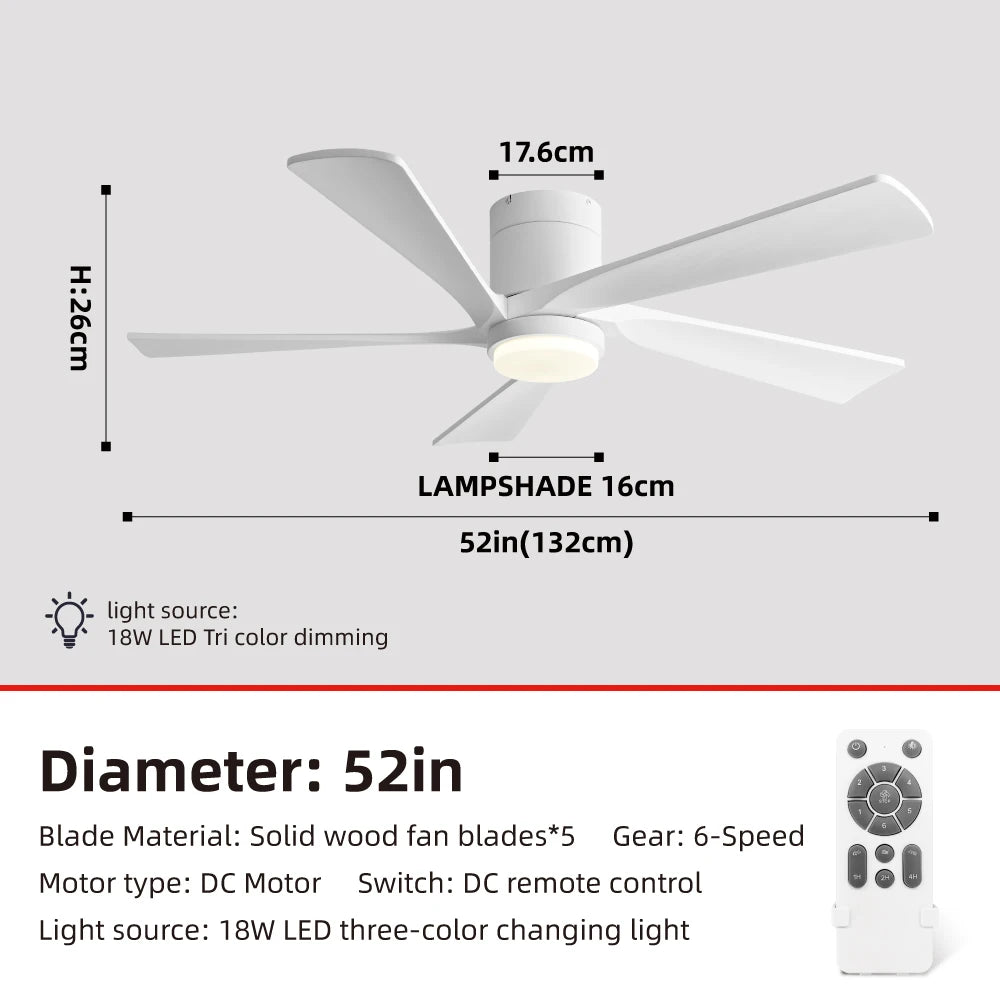 FUMANJIA 52" Solid Wood Ceiling Fan - 6-Speed Inverter Motor with Remote Control, Energy-Efficient Silent Operation for Living