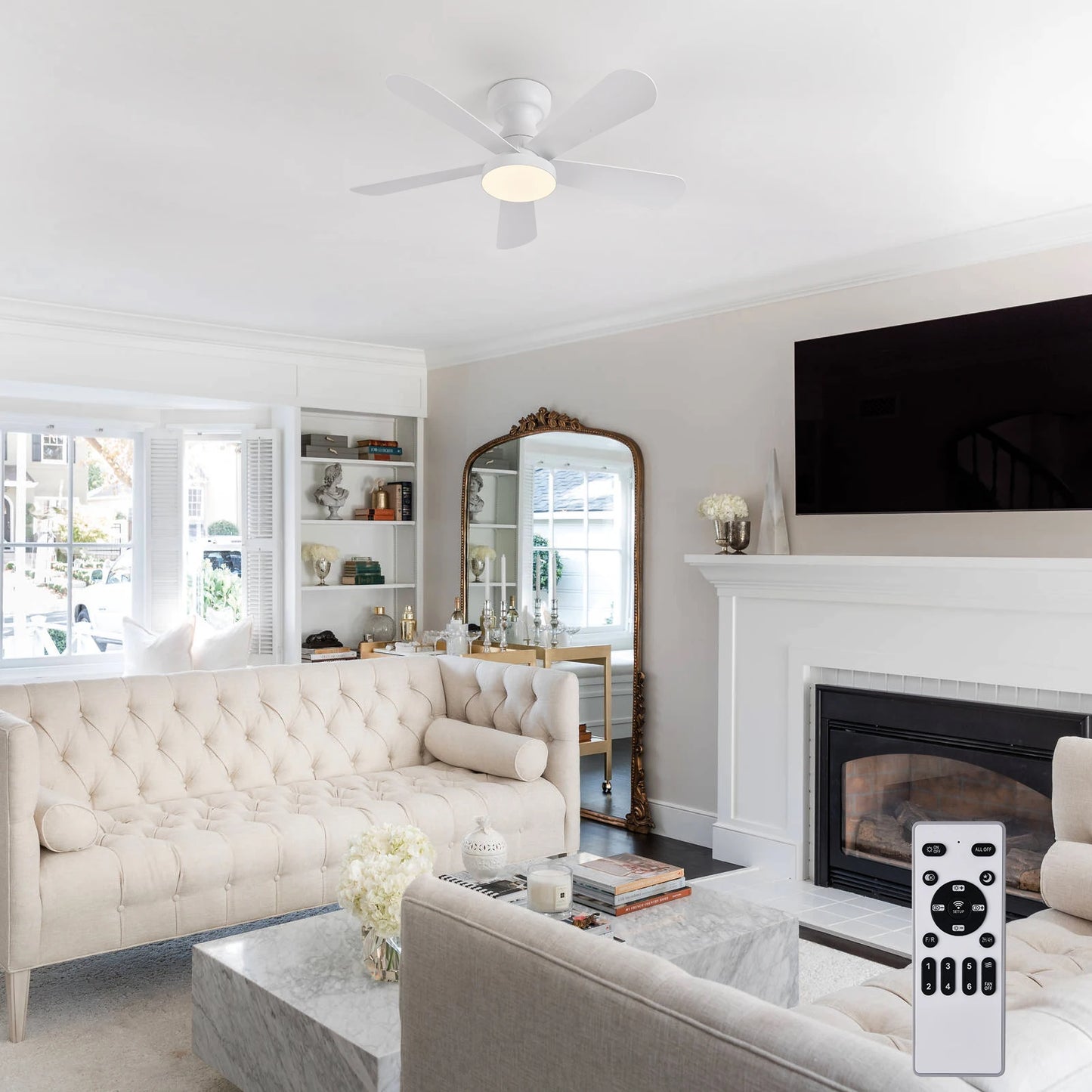 Indoor/Outdoor Flush Mount Ceiling Fan with Remote Control - 5 Blade Low Profile Fandelier - Reversible Quiet Timer